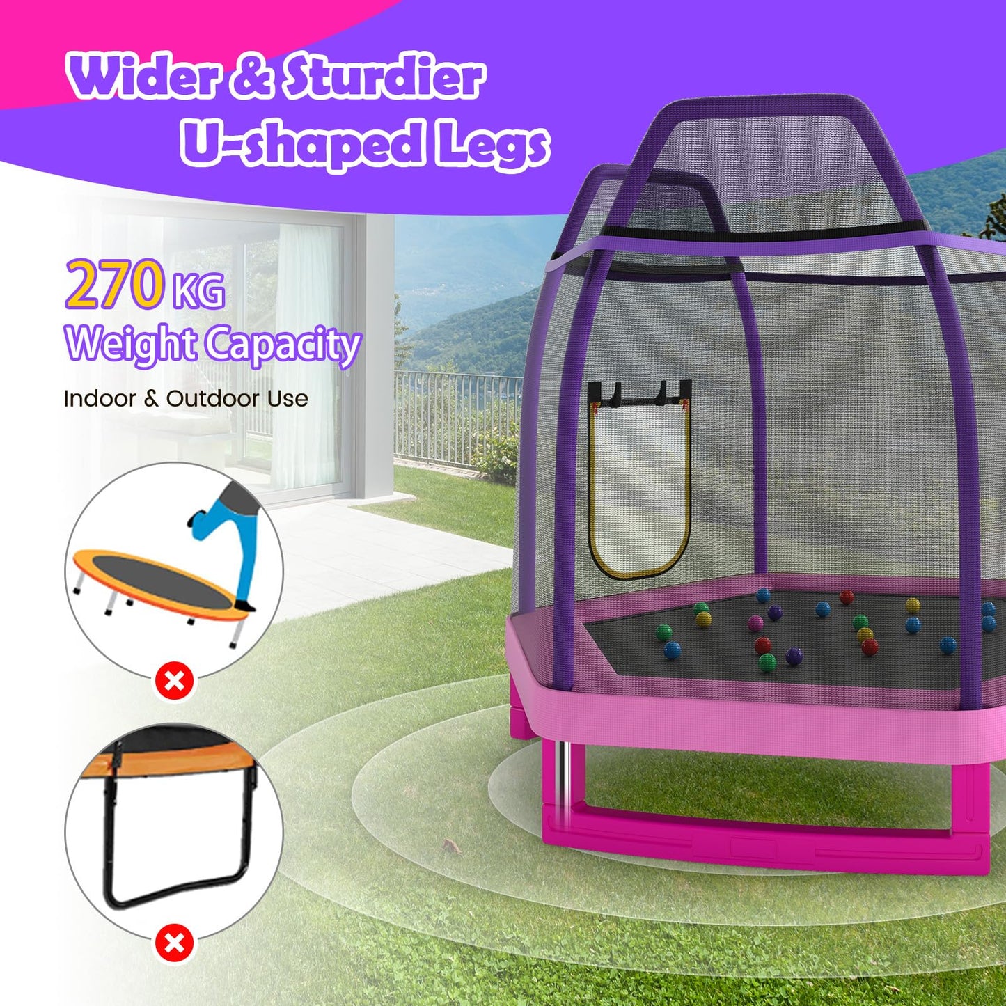 COSTWAY 7ft Kids Trampoline, Hexagonal Trampolines with Slide, Ladder, Safety Enclosure Net and Ocean Balls, Toddler Jumping House for Indoor Outdoor