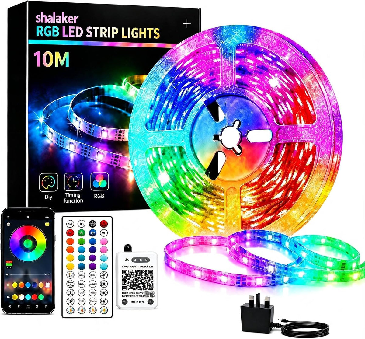 LED Strip Lights for Bedroom,10M RGB Colour Changing LED Lights with Bluetooth App & Remote Control, Music Sync, Dimmable, 16 Million Colours, Timer Mode, Self-Adhesive for Room Home Party Decor