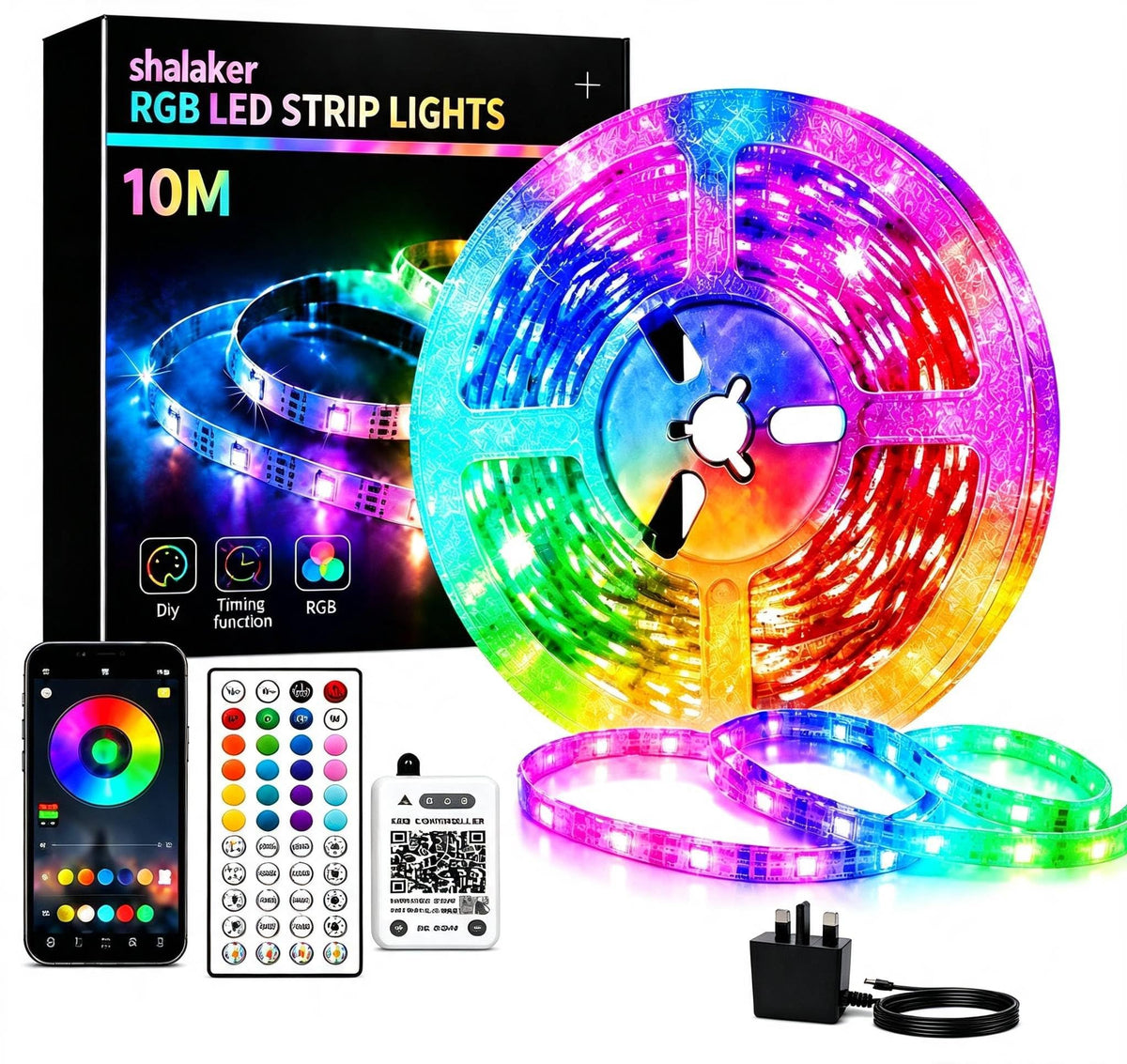 LED Strip Lights for Bedroom,10M RGB Colour Changing LED Lights with Bluetooth App & Remote Control, Music Sync, Dimmable, 16 Million Colours, Timer Mode, Self-Adhesive for Room Home Party Decor