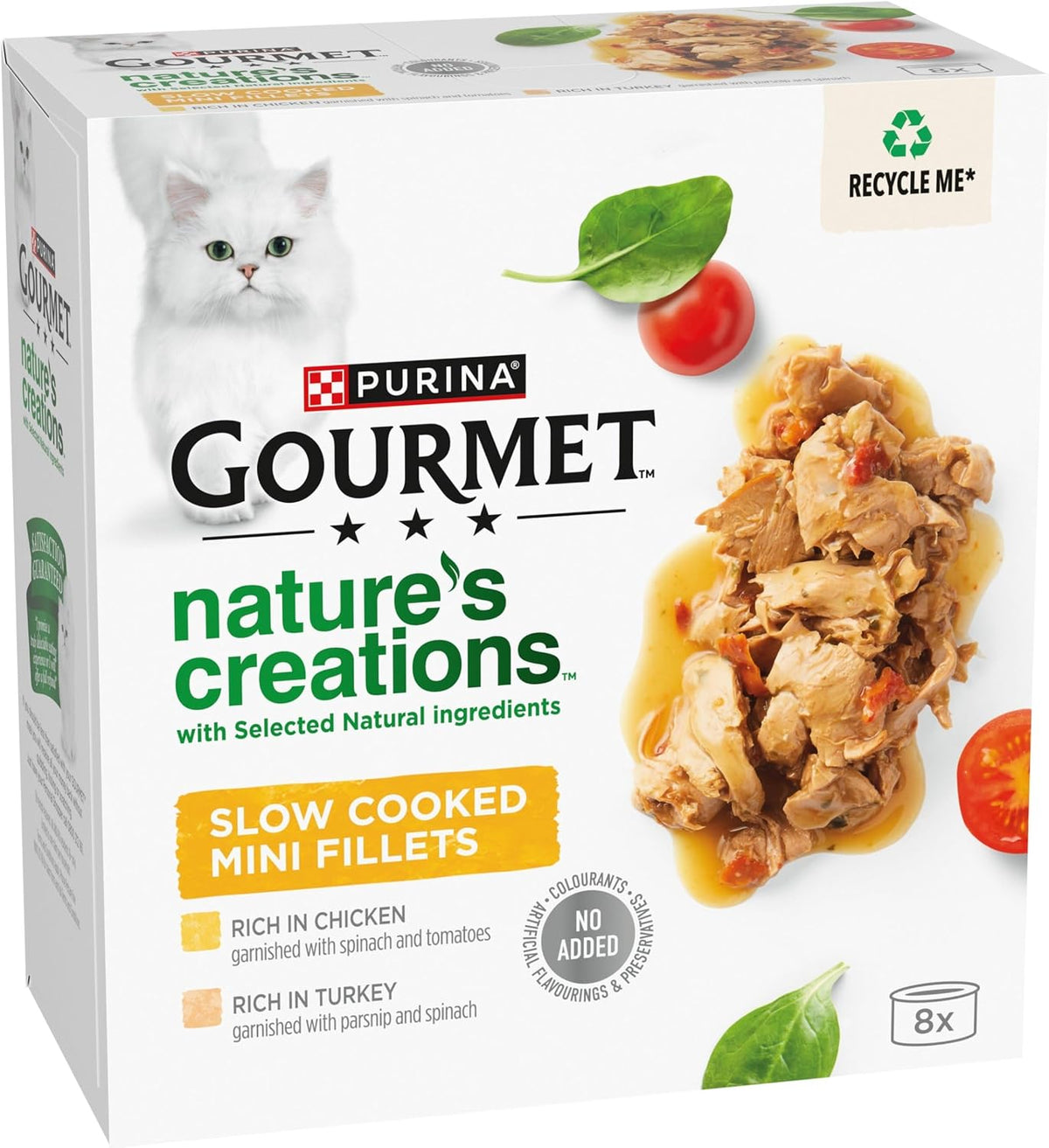 GOURMET Nature's creations (Rich in Chicken, garnished with spinach & tomatoes and Rich in Turkey, garnished with spinach and parsnip) Wet Cat Food Can 8x85g