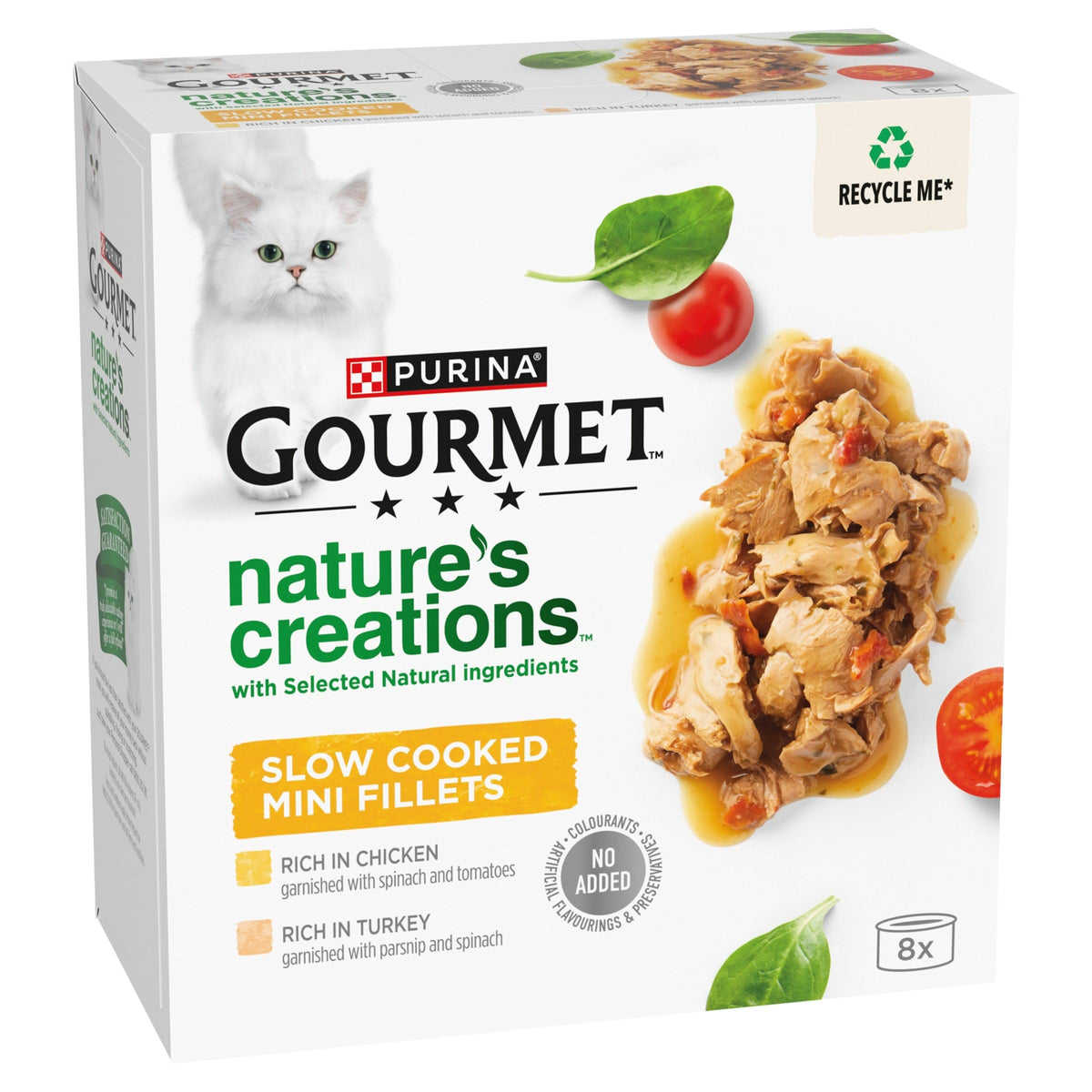 GOURMET Nature's creations (Rich in Chicken, garnished with spinach & tomatoes and Rich in Turkey, garnished with spinach and parsnip) Wet Cat Food Can 8x85g