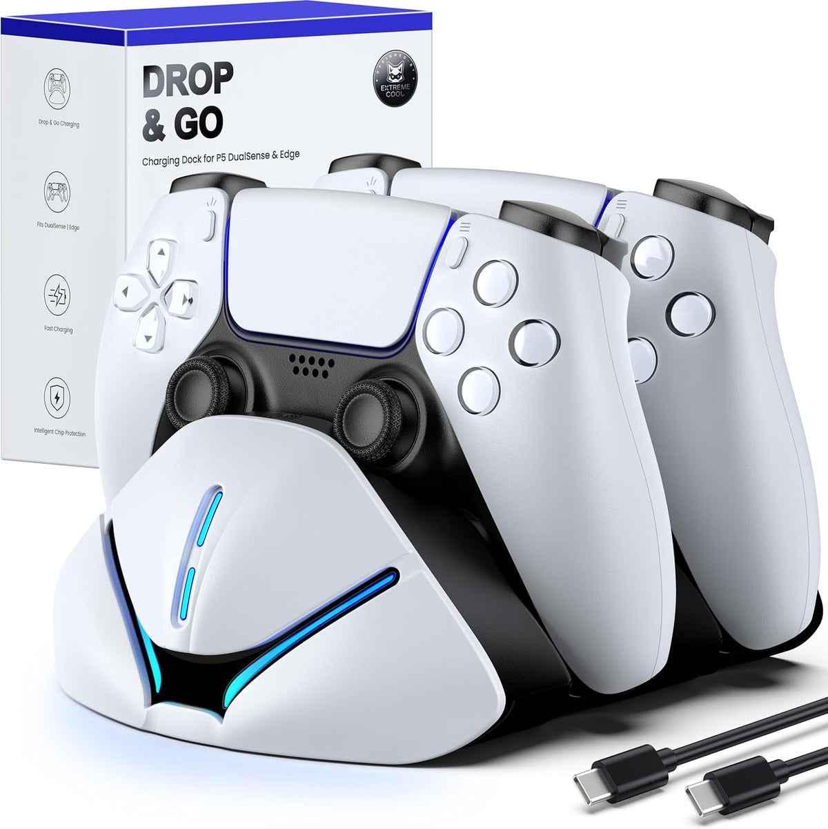 HELLCOOL PS5 Charging Charger for DualSense & Edge, Fast Charge 2 Controllers Simultaneously, Drop&Go No Alignment, LED Indicator with Touch Off, Smart Safety Protection, with 1m USB-C Cable