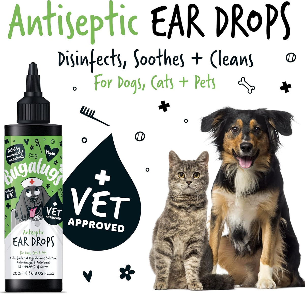 BUGALUGS Antiseptic Ear Drops 200ml – Ear Disinfection, Kills bacteria, Stops Odours, Scratching & Discomfort, Anti-fungal (Yeast), Veterinary-grade, for Dogs, Cats & all other animals