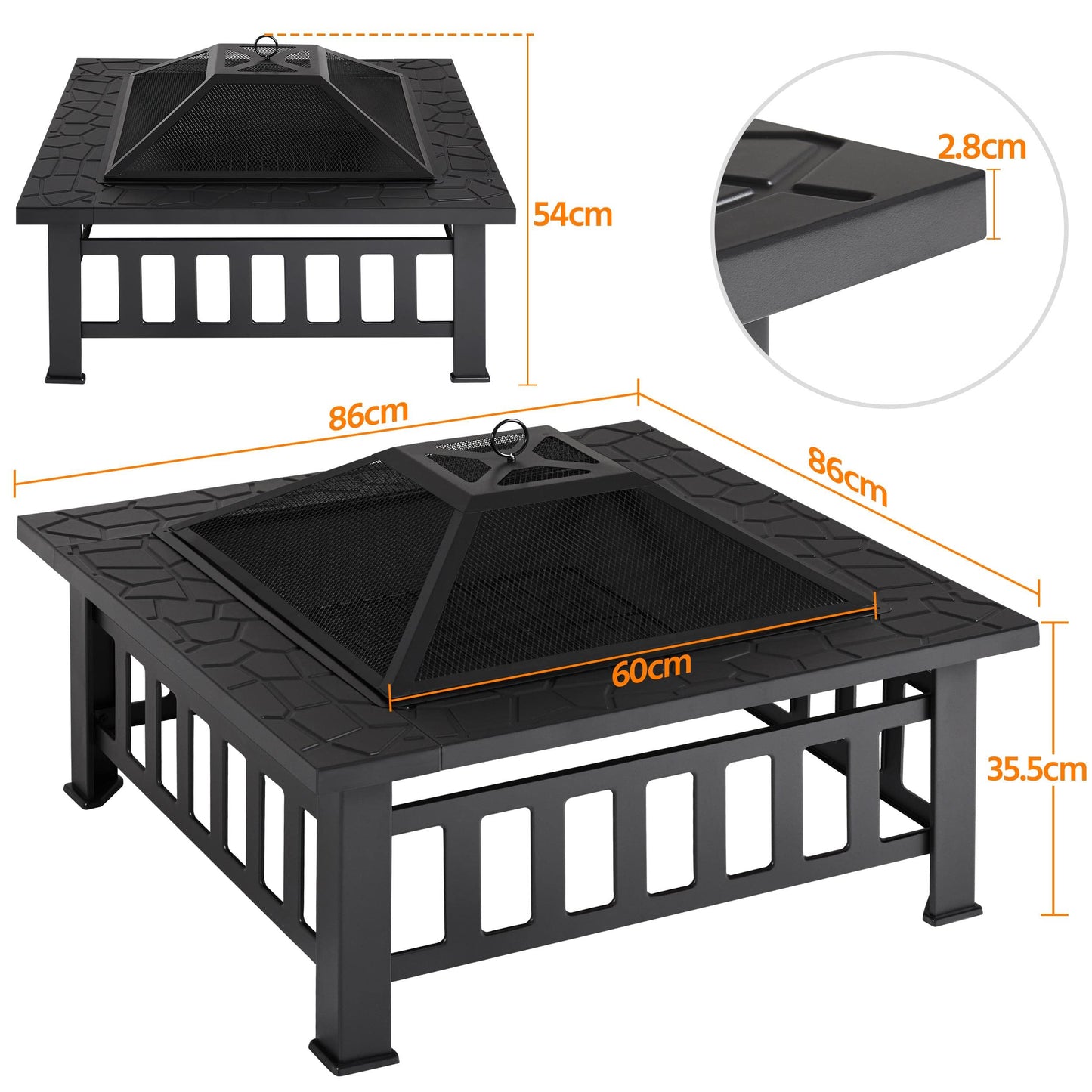 Yaheetech Outdoor Fire Pit 81cm Square Fire pits 3-in-1 Heat-resistant Metal Garden Stove for Barbecue, Heating, Cooling Drinks with Cover & Poker, Black