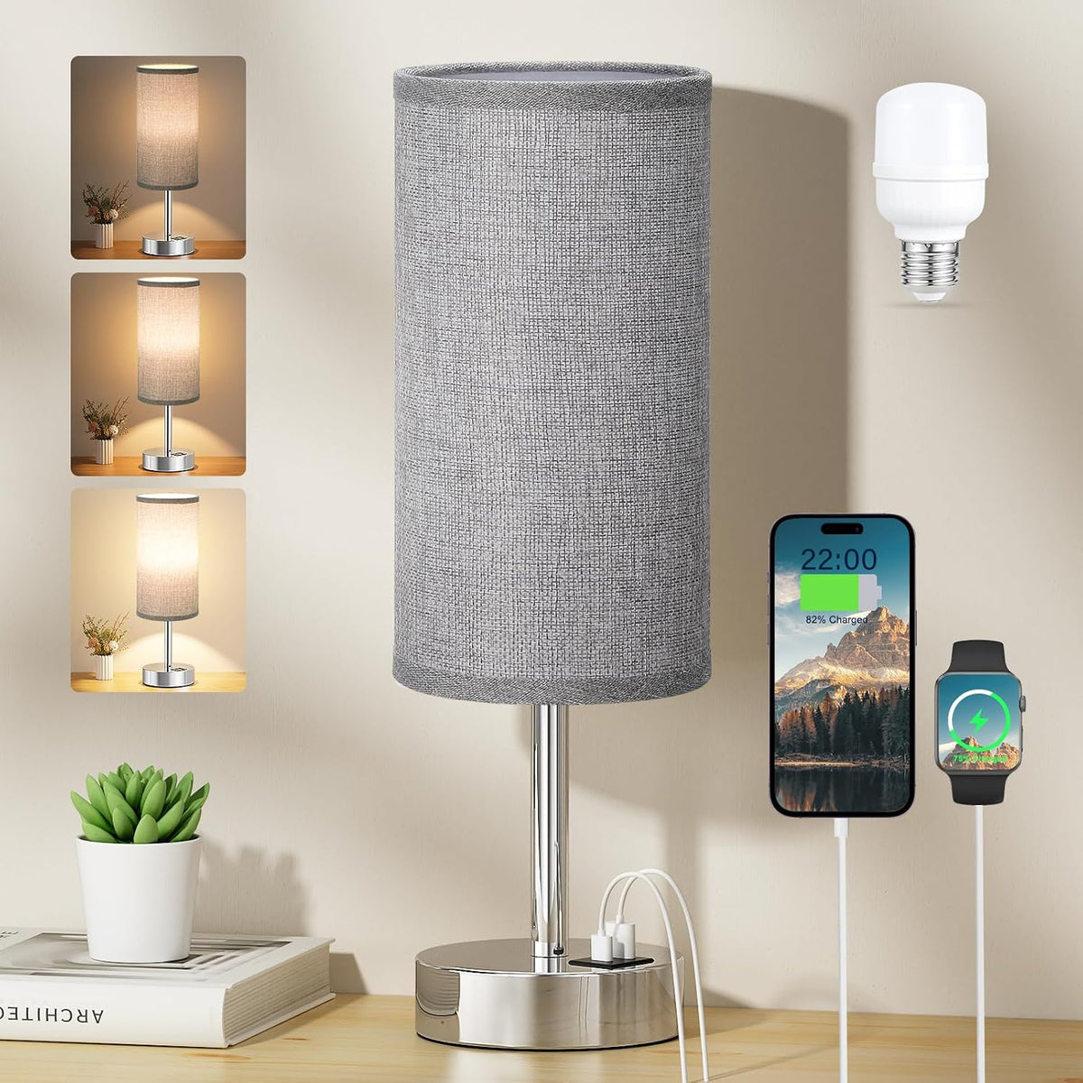 Aooshine Grey Table Lamp, 3-Way Dimmable, USB A + C Charging