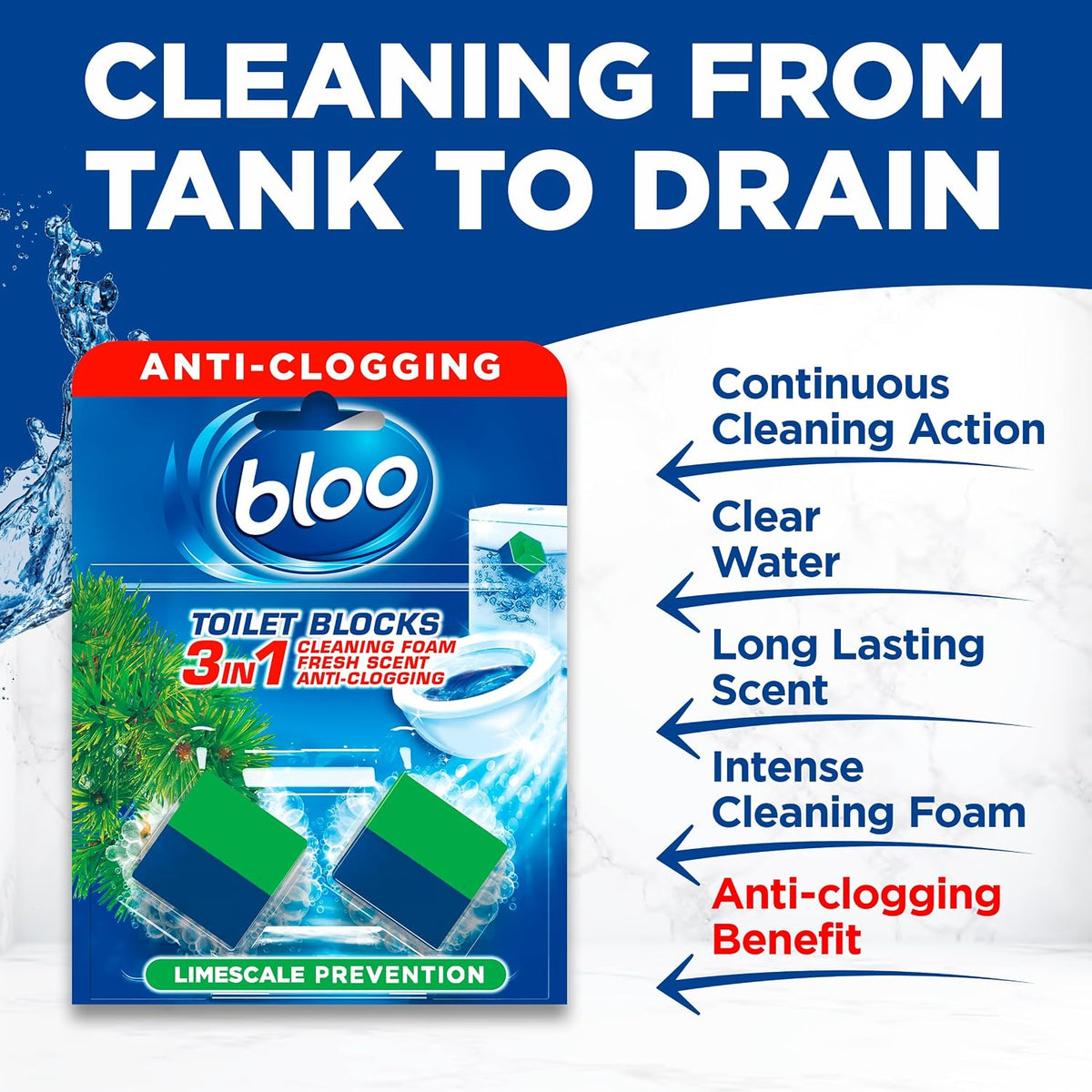 Bloo New 3in1 Toilet Blocks, Pack of 2, Toilet Limescale Remover Cistern Block, Toilet Cleaner Block with Cleaning and Foaming Action, Toilet Fresheners - Limescale Prevention