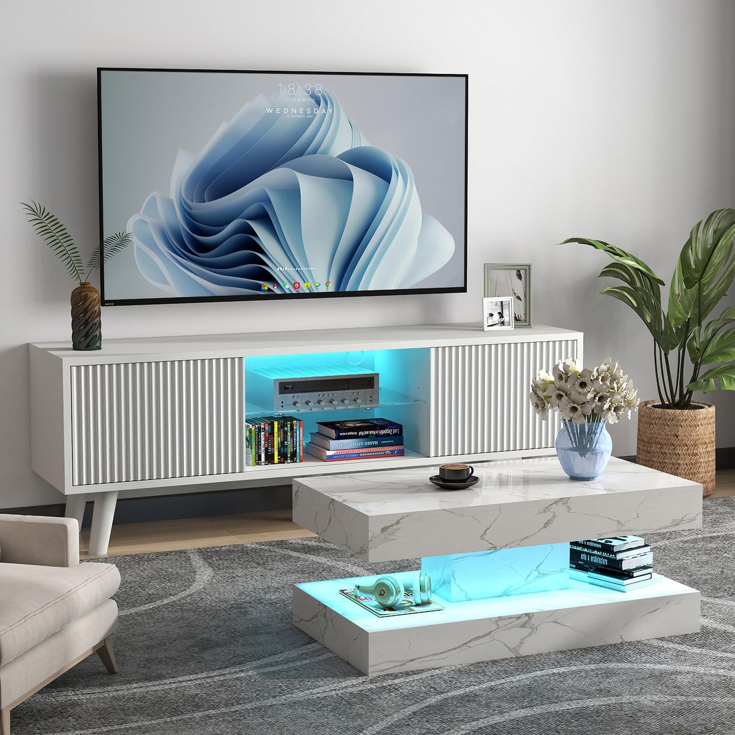 COSVALVE White Marble Coffee Table for Living Room with 24 Colors LED Light, 2 Tier High Gloss Modern Centre Table Rectangle Tea Table for Home, Office Furniture
