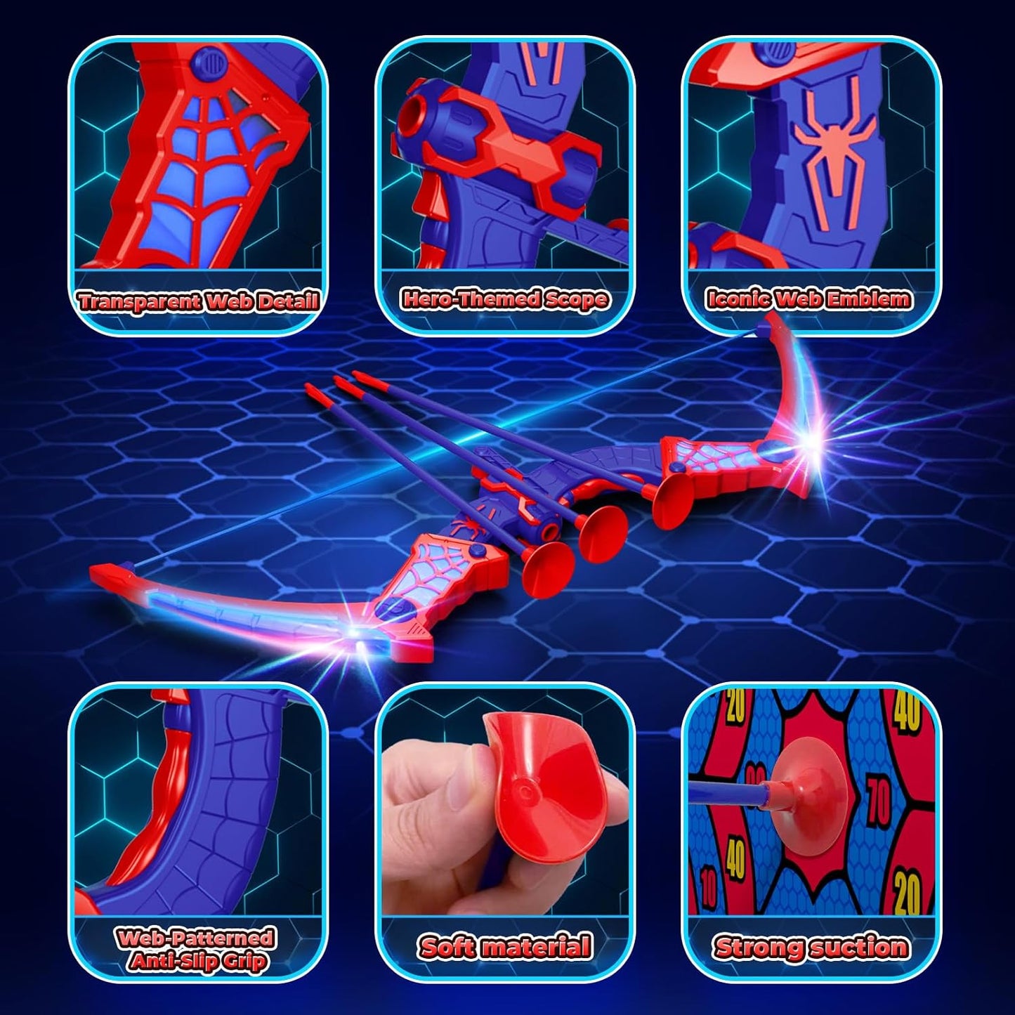 Toys for Age 3-12, Boys Toy Bow Arrow With Red & Blue LED Lights, Quiver & Web Target, Kids Toys Gifts for 3 4 5 6 7 8 10 Year Old Boys Kids Birthday Presents for 3 4 5 6 7 8 9 10 Year Olds Boys Girls