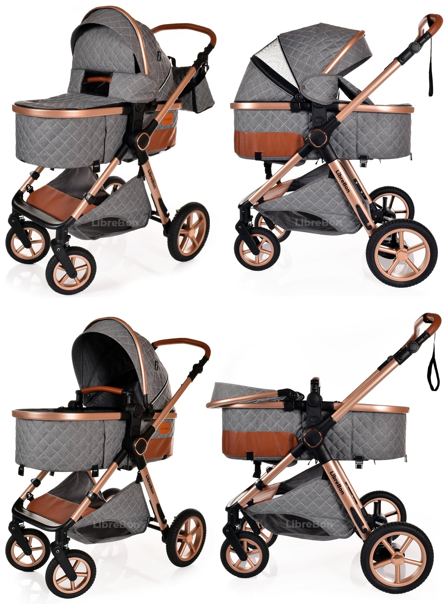 Baby Buggy Pram Pushchair Stroller 3 in 1 Child Lightweight Folding Stroller 3 in 1 Travel System Pram for Newborns & Toddlers from Birth Aluminum (Beige - Rose Gold Frame)