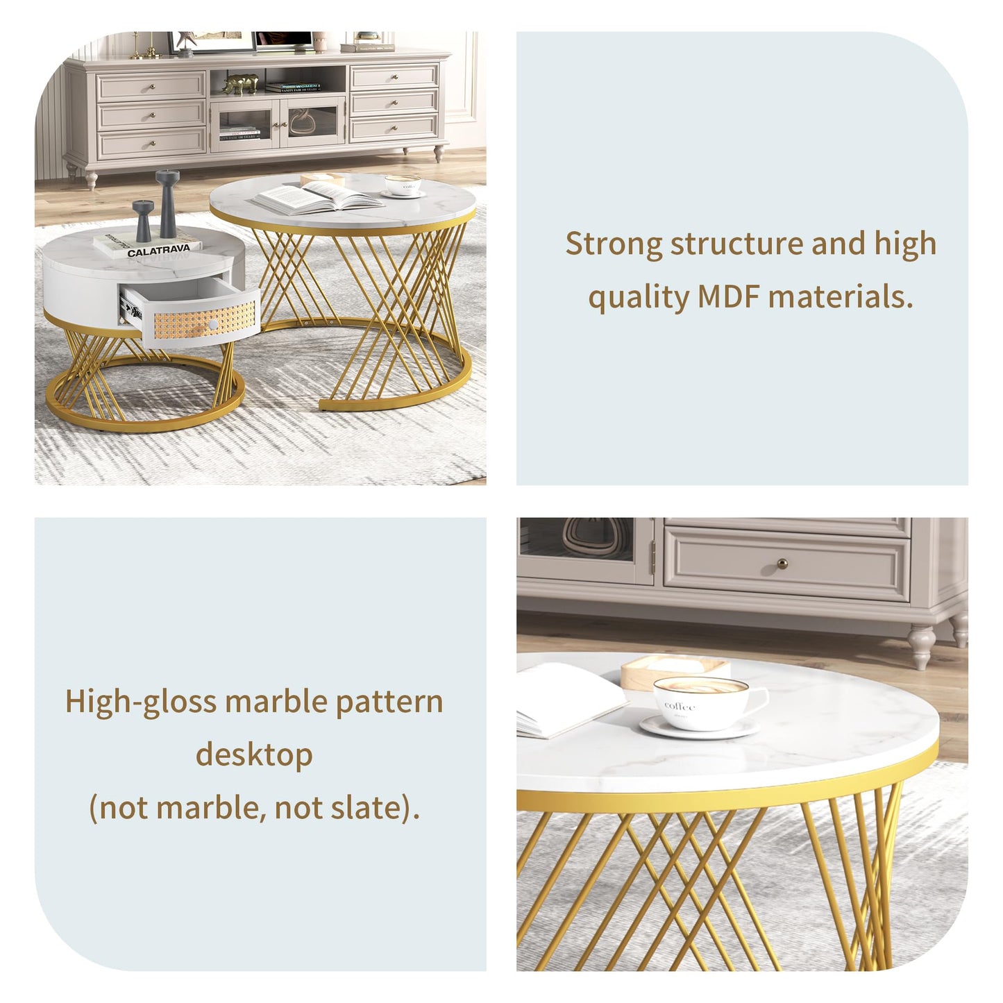 ModernLuxe 2-in-1 Coffee Table, Multi-functional Side Table with Marble Grain Veneer Top, Rattan Drawers, Solid Wood Handles, Gold Coloured Iron Legs, Round Nest of Tables for Living Room, Black