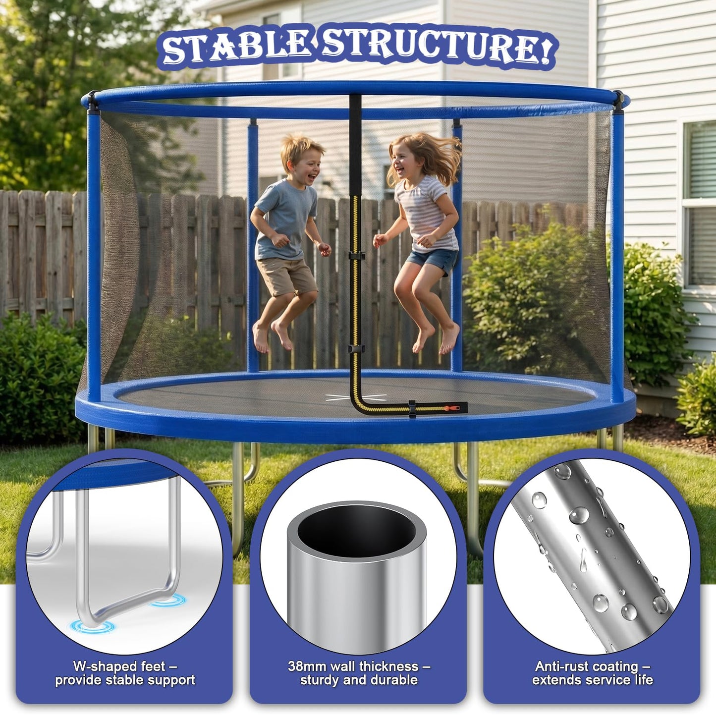 JUMMICO 12ft Outdoor Garden Trampoline with Safety Enclosure Net — 36 Galvanised Springs