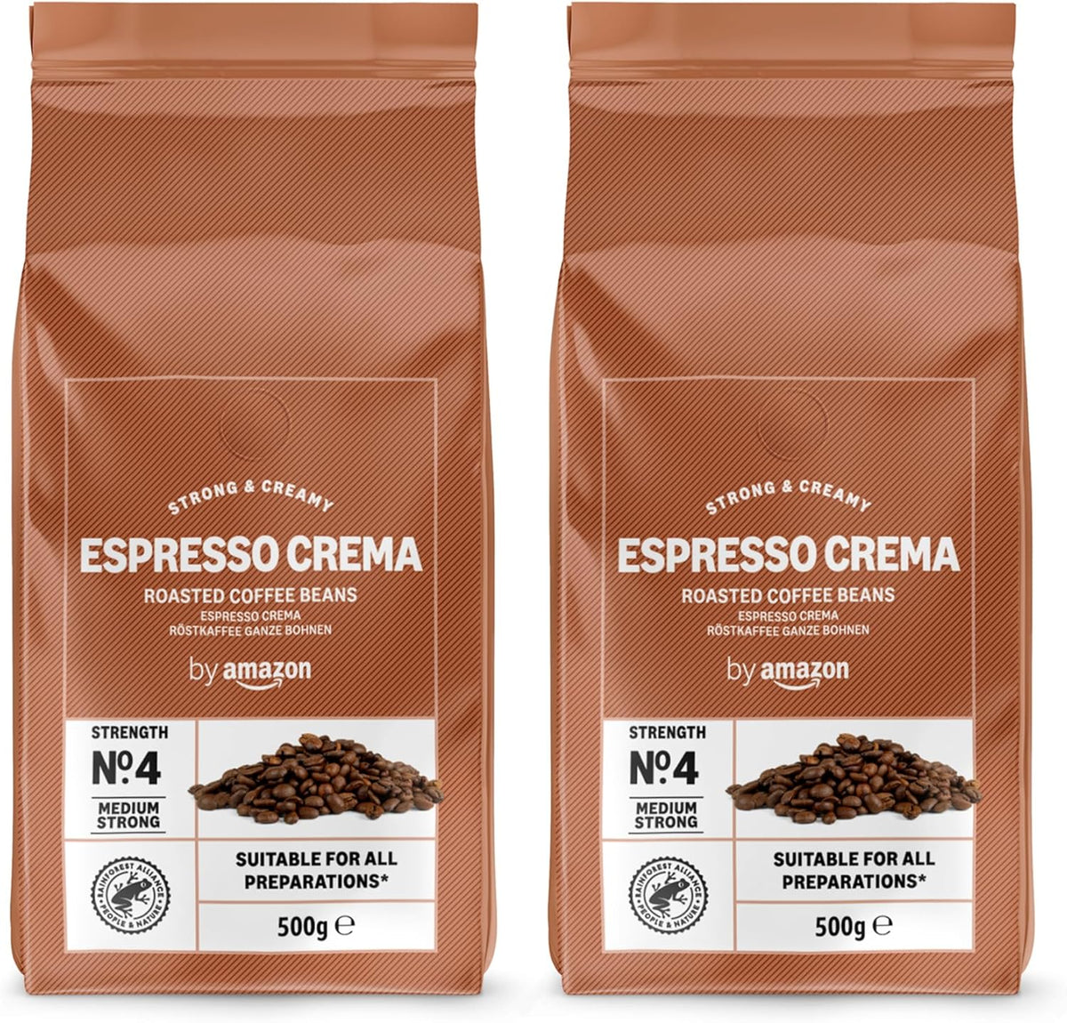 by Amazon Espresso Crema Coffee Beans, Light Roast, 1kg (2 Packs of 500g), Rainforest Alliance Certified