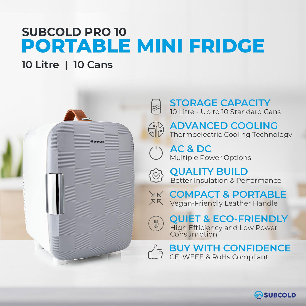 Subcold Pro4 Mini Fridge 4L, Quiet Small Fridge for Bedroom, AC & USB