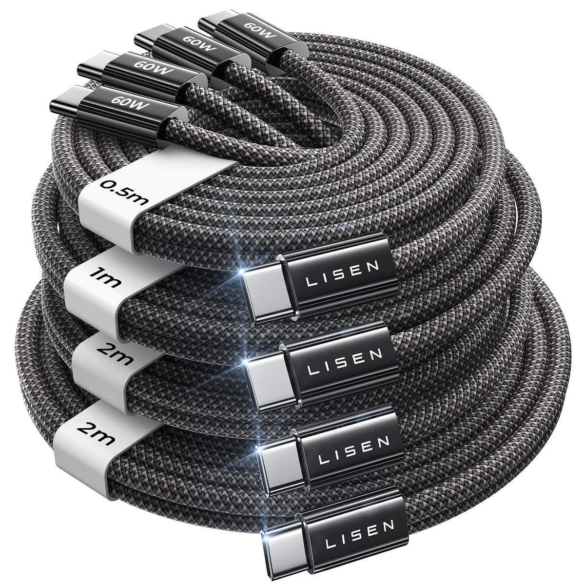 LISEN 60W for Samsung Type C 4-Pack [1M+1M+2M+2M] USB C Charger Cable for iPhone 15 Pro Max, iPad Pro/Air/Mini, Samsung S24, LG, Google Pixel