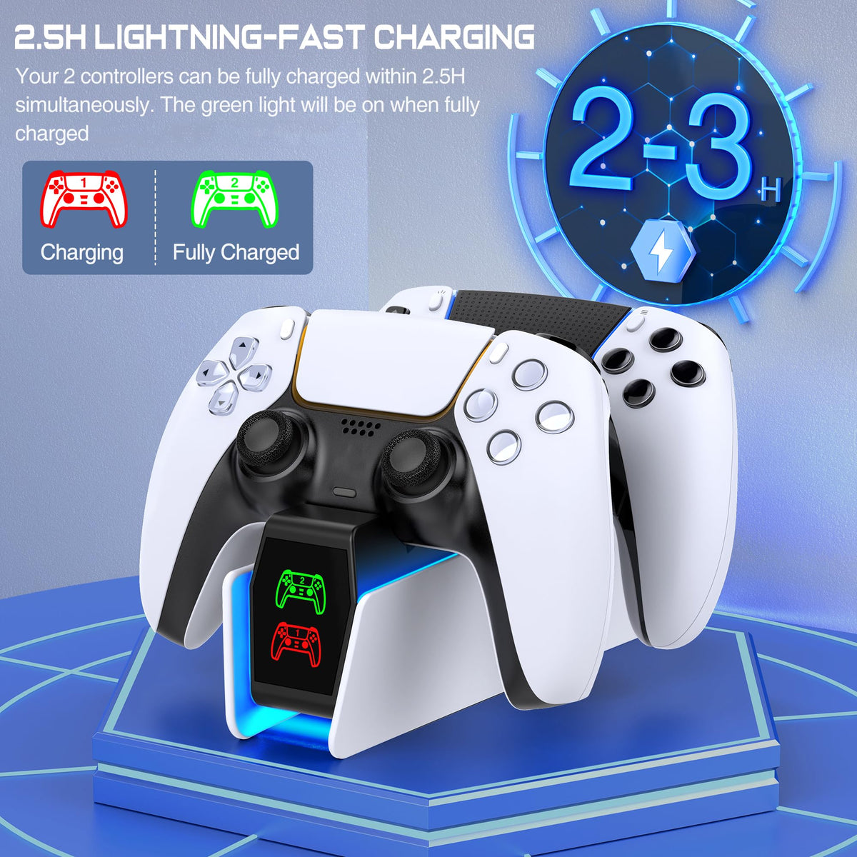 HELLCOOL PS5 Charging Charger for DualSense & Edge, Fast Charge 2 Controllers Simultaneously, Drop&Go No Alignment, LED Indicator with Touch Off, Smart Safety Protection, with 1m USB-C Cable