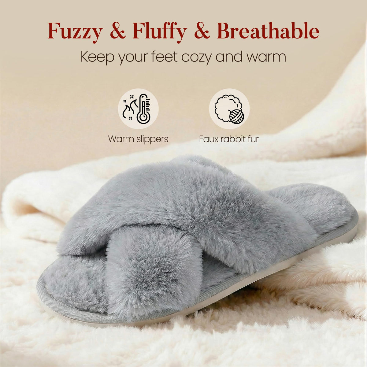 Ankis Women Slippers Fluffy Slippers Memory Foam, Cross Band Furry Open Toe Slippers Cozy Plush Home Shoes Indoor Outdoor Anti-Slide Slipper
