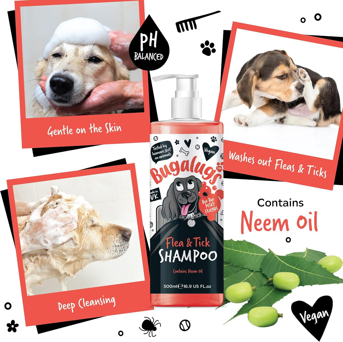 Flea and Tick Dog Shampoo by Bugalugs, Works on Smelly Puppies & Dogs, Contains Neem Oil PH Balanced Vegan Used by Professional Groom
