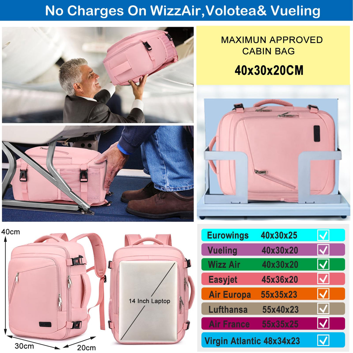 Ryanair Cabin Bags 40x30x20 Underseat 24L Small Travel Backpack Cabin Size