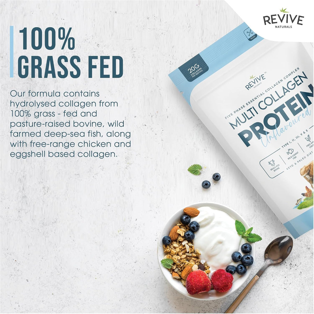 Multi Collagen Protein Powder 400g - Types I, II, III, V & X - Hydrolyzed Grass Fed Bovine, Wild Caught Fish, & Free-Range Chicken & Eggshell Collagen by Revive Naturals