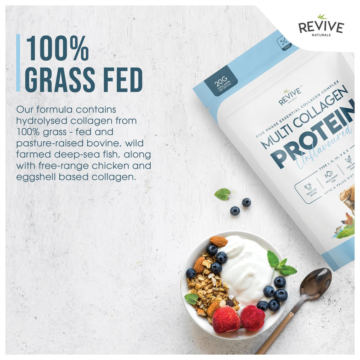Multi Collagen Protein Powder 400g - Types I, II, III, V & X - Hydrolyzed Grass Fed Bovine, Wild Caught Fish, & Free-Range Chicken & Eggshell Collagen by Revive Naturals