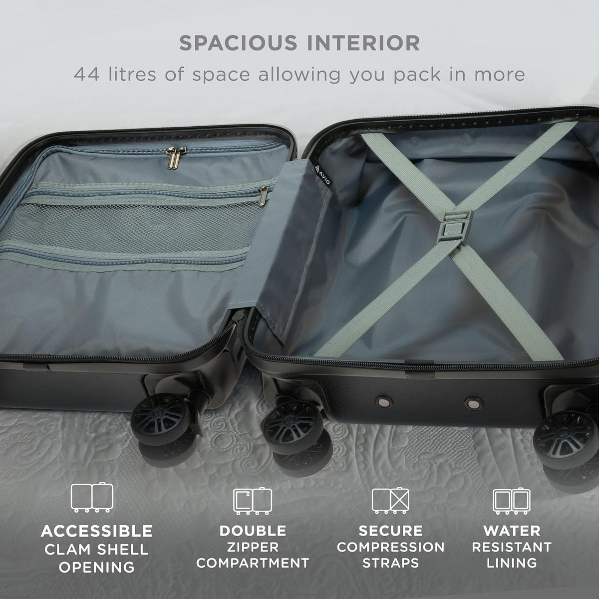 Avio Carry-On Cabin Luggage 55x40x20cm | Hard Shell Suitcase 4 Wheels