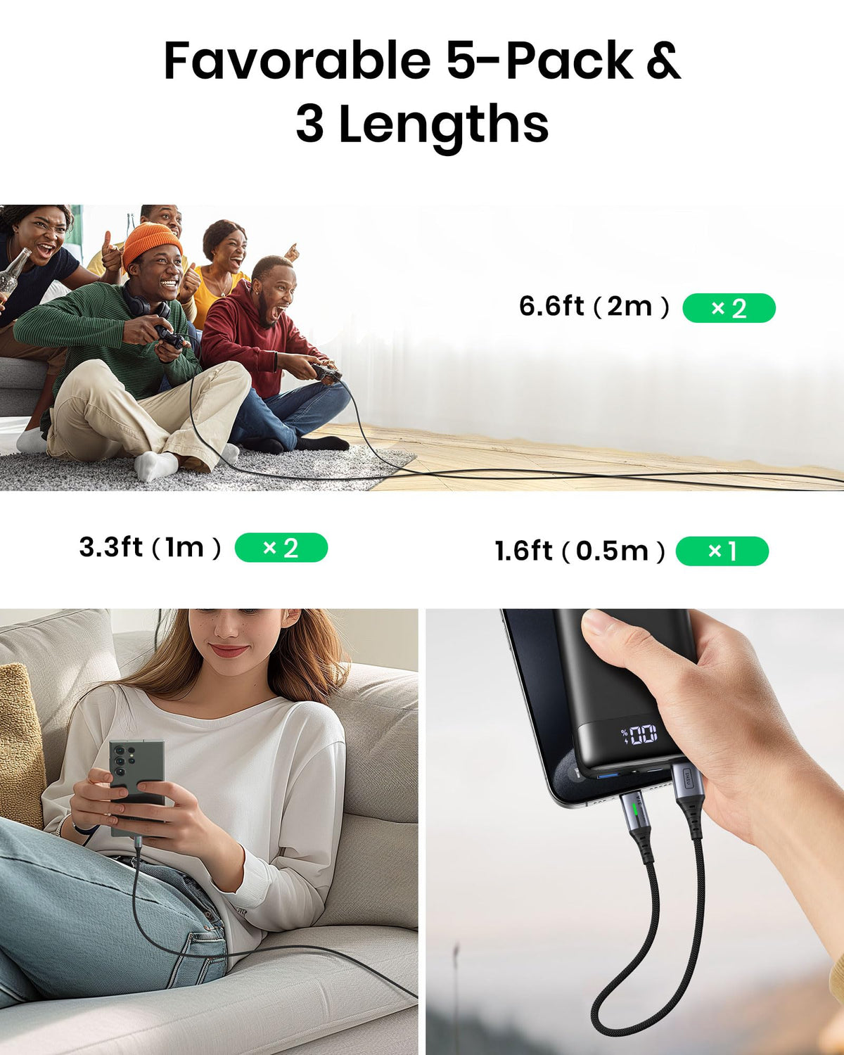 INIU USB C Charger Cable, [2m+2m+0.5m] USB A to Type C Charging Cable
