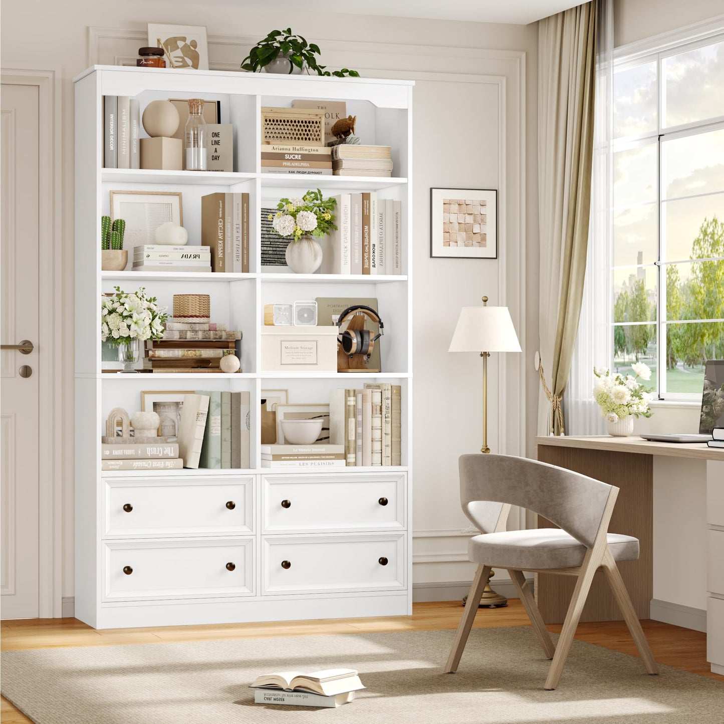 FirFurd Bookcase 180cm Tall Bookshelf with Drawers Living Room Bookcase 8 Open Compartments Free Standing Display Shelf Tall Shelving Unit for Home Office 180x100x30cm White