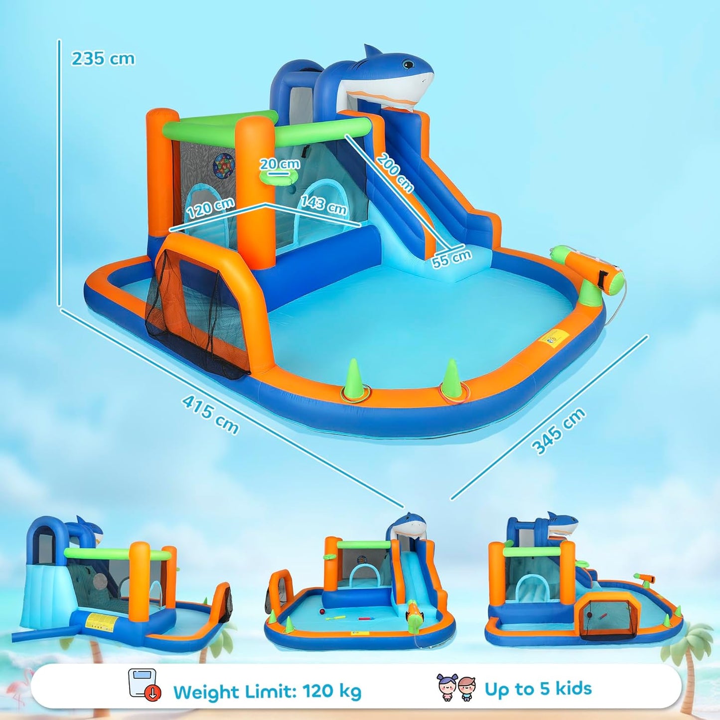AIYAPLAY Large Inflatable Bouncy Castle for Kids, 8 in 1 Sharks Theme Jumping Bounce House with Slide, Ball Pit, Climbing Wall, Basketball Hoop and Blower for Indoor Outdoor Garden Party, Blue