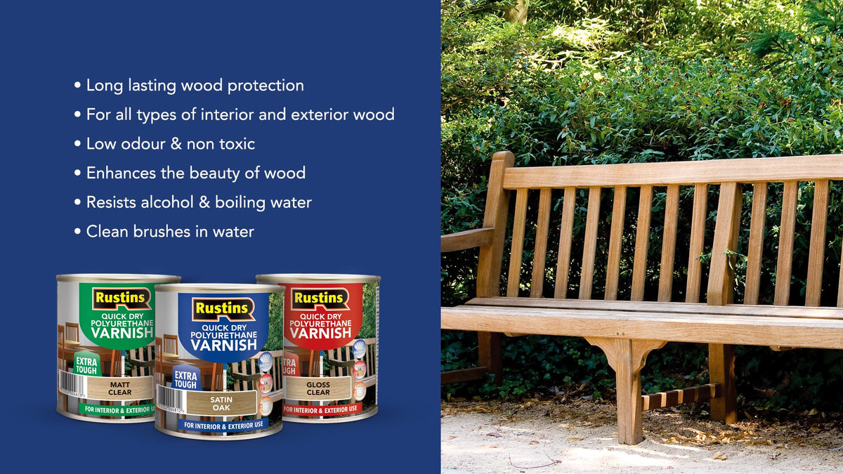 RustinsQuick Dry Poly Varnish Satin Clear 500ml -Tough, Water-Based Clear Finish in Gloss, Matt or Satin; Durable Protection for Interior Wood, Furniture and Floors