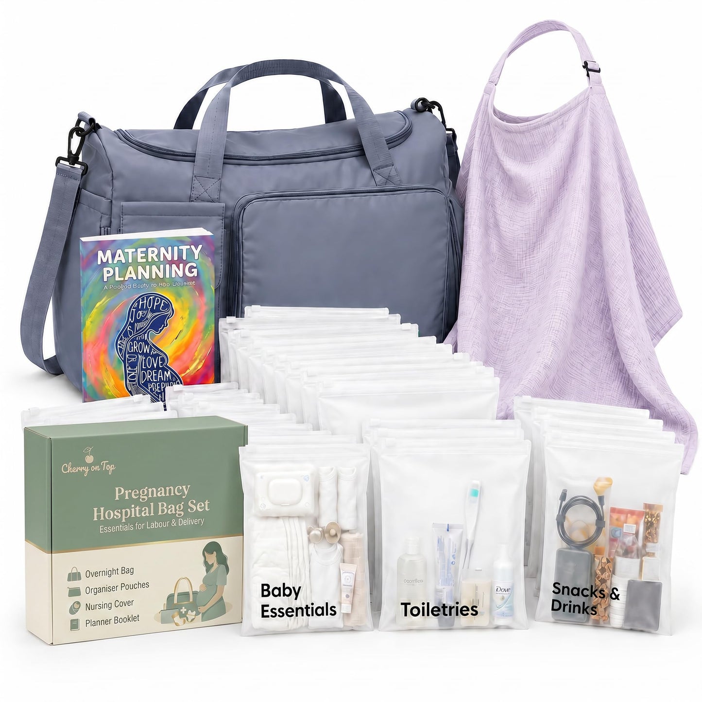 Pregnancy Bag For Hospital - Complete Labour And Delivery Set With Hospital Bag, 21 Organiser Pouches, Planner Book & Nursing Shawl - Premium Expectant Mum Hamper & Baby Shower Set, Grey