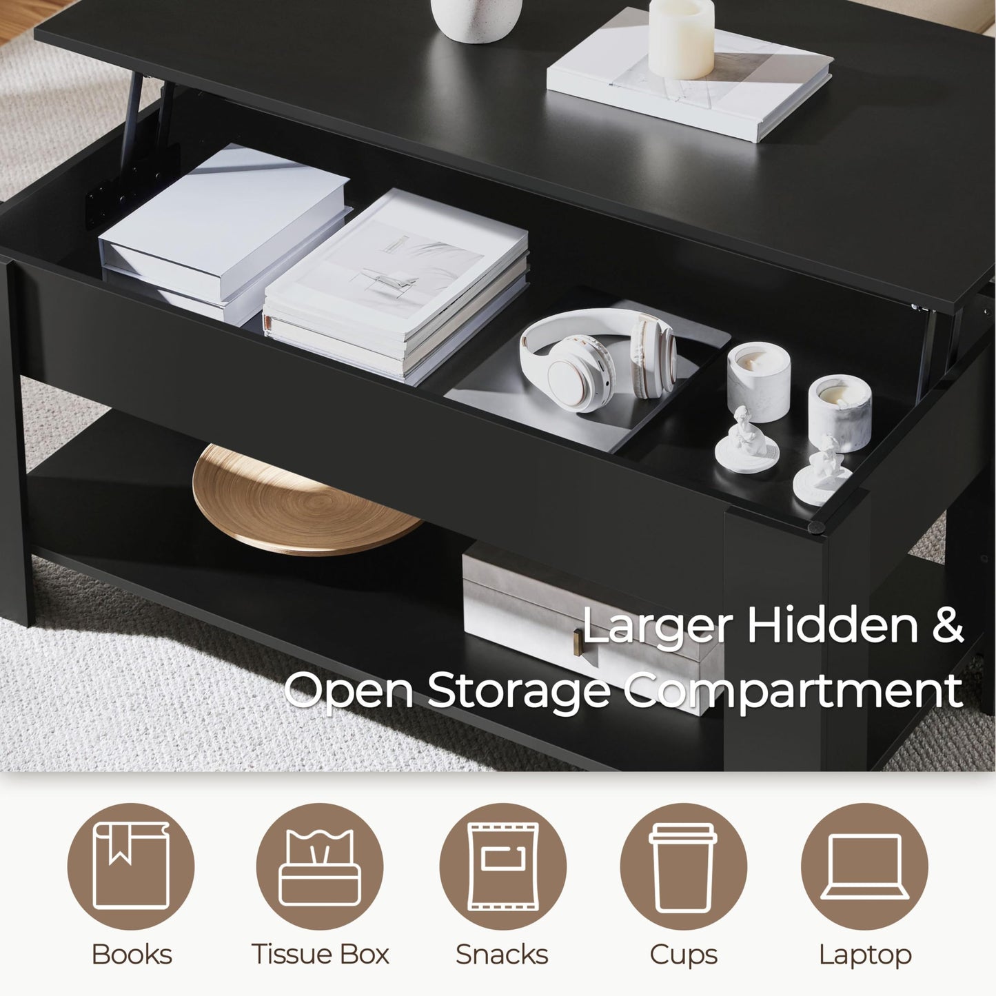 Yaheetech Lift Up Coffee Table, Wooden Lifting Coffee Table with Hidden Storage Drawer and Open Shelf, Space-saving Tea Tables for Living Room/Reception, Espresso