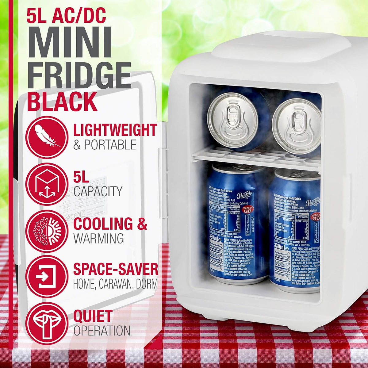 NETTA 5L Mini Fridge - Portable Small Fridge for Drinks, Snacks, Skincare - For Bedroom, Student Dormitory, Office With Cooling And Warming Function - AC/DC Portable – White