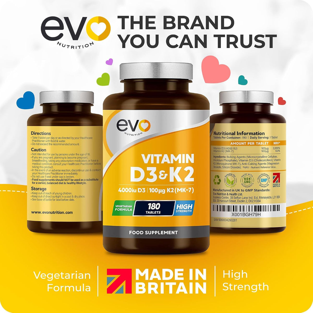 EVO Nutrition Vitamin D3 4000IU & K2 100mcg MK7, 180 Vegetarian Tablets