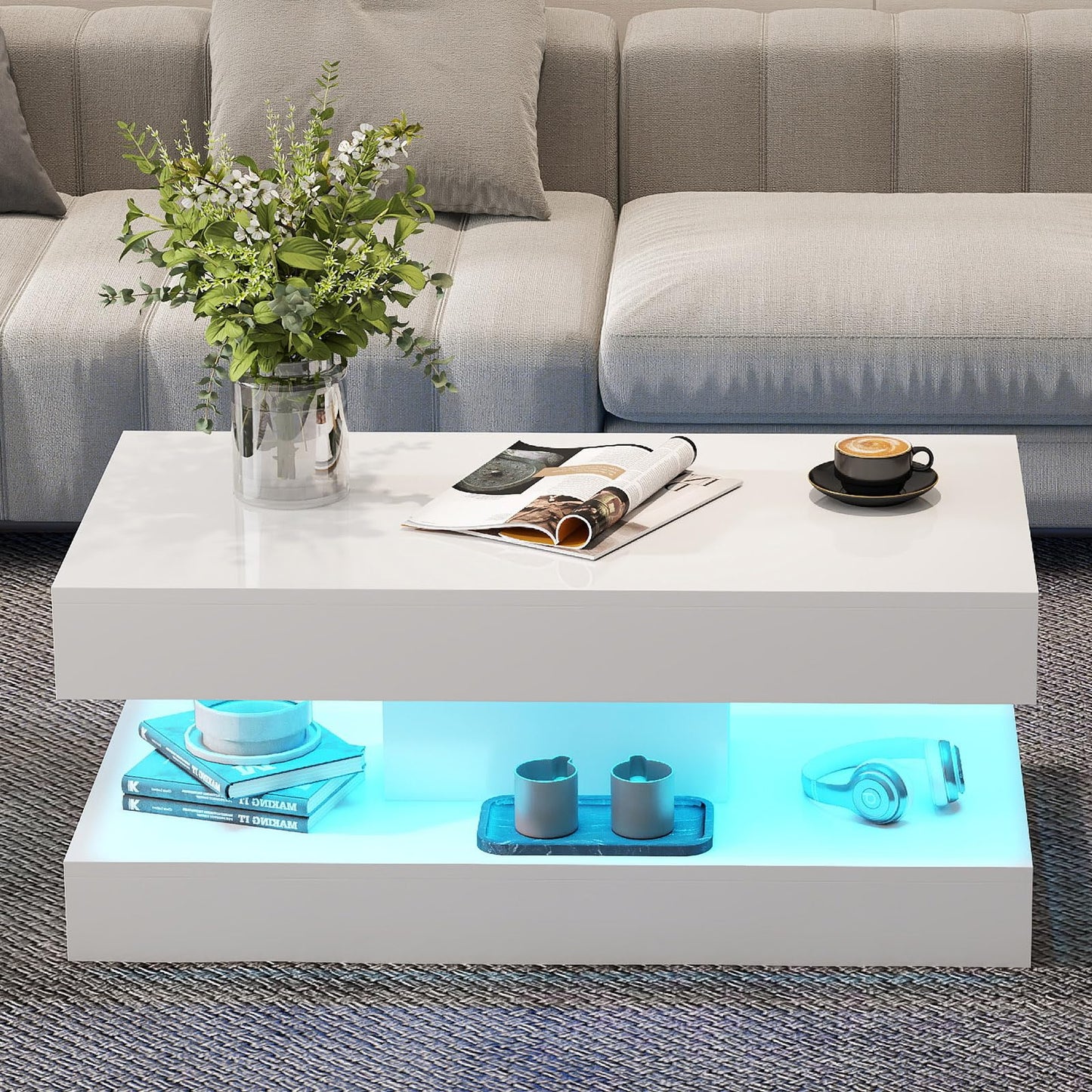 COSVALVE White Marble Coffee Table for Living Room with 24 Colors LED Light, 2 Tier High Gloss Modern Centre Table Rectangle Tea Table for Home, Office Furniture