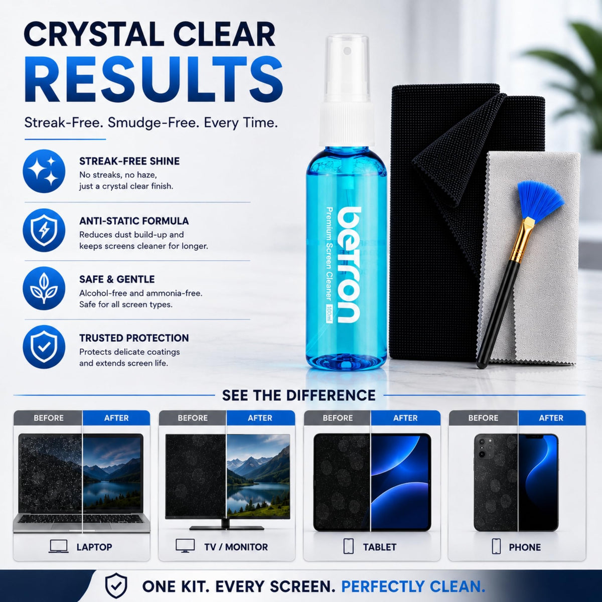 Betron Screen Cleaner Spray Kit with Cloth for TV, Laptop, Monitor, 200ml