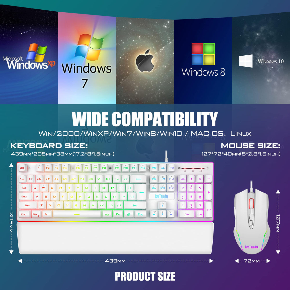 RedThunder K10 Wired Gaming Keyboard and Mouse Combo, UK Layout, True RGB Backlight, Soft Leather Wrist Rest, Ergonomic Anti-Ghosting Keyboard + 7D 7200 DPI Mouse for PC Mac (Gradient Gray)