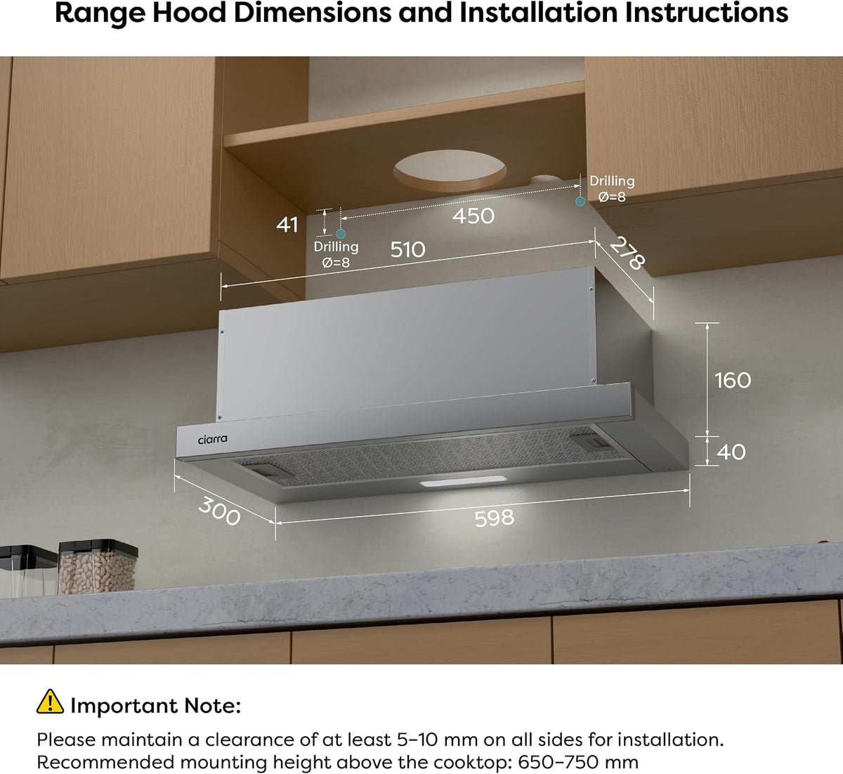 CIARRA Telescopic Cooker Hood 60cm 391m³/h LED Light 2-Speed A++ CBCS6906D