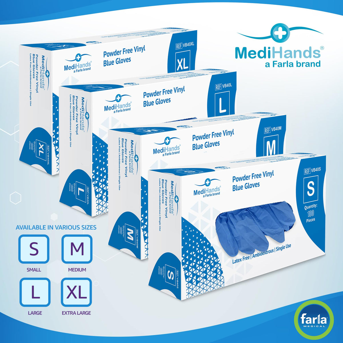 Farla MediHands Blue Medium Vinyl Gloves - Box of 100 Disposable Vinyl Gloves - Medical Gloves - Powder Free, Latex Free, & Protein Free Gloves - Multi-Purpose, Single Use