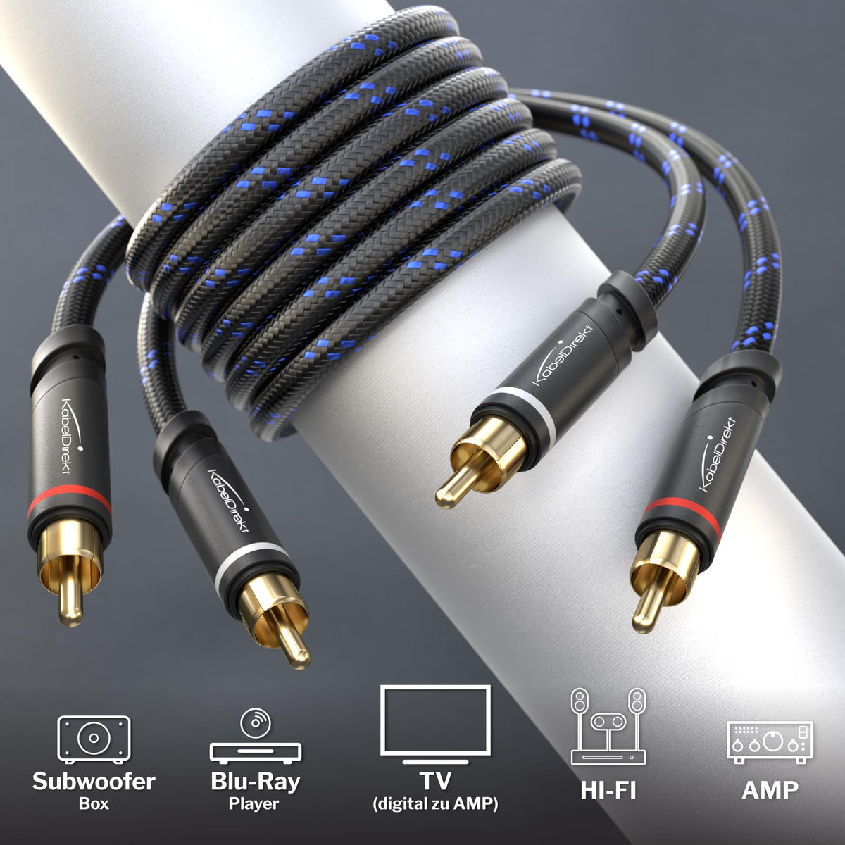 KabelDirekt – RCA cable – 4m – 2×2, braided