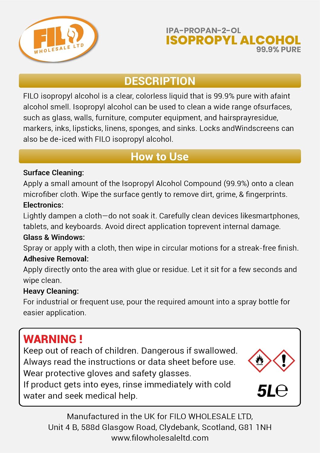 FILO Isopropyl Alcohol 99.9% Pure 1x 5L | Lab Grade IPA | Rubbing Alcohol for Cleaning and Disinfecting | Isopropanol Alcohol Solvent for Electronics, Windows, Glass, Appliances and More