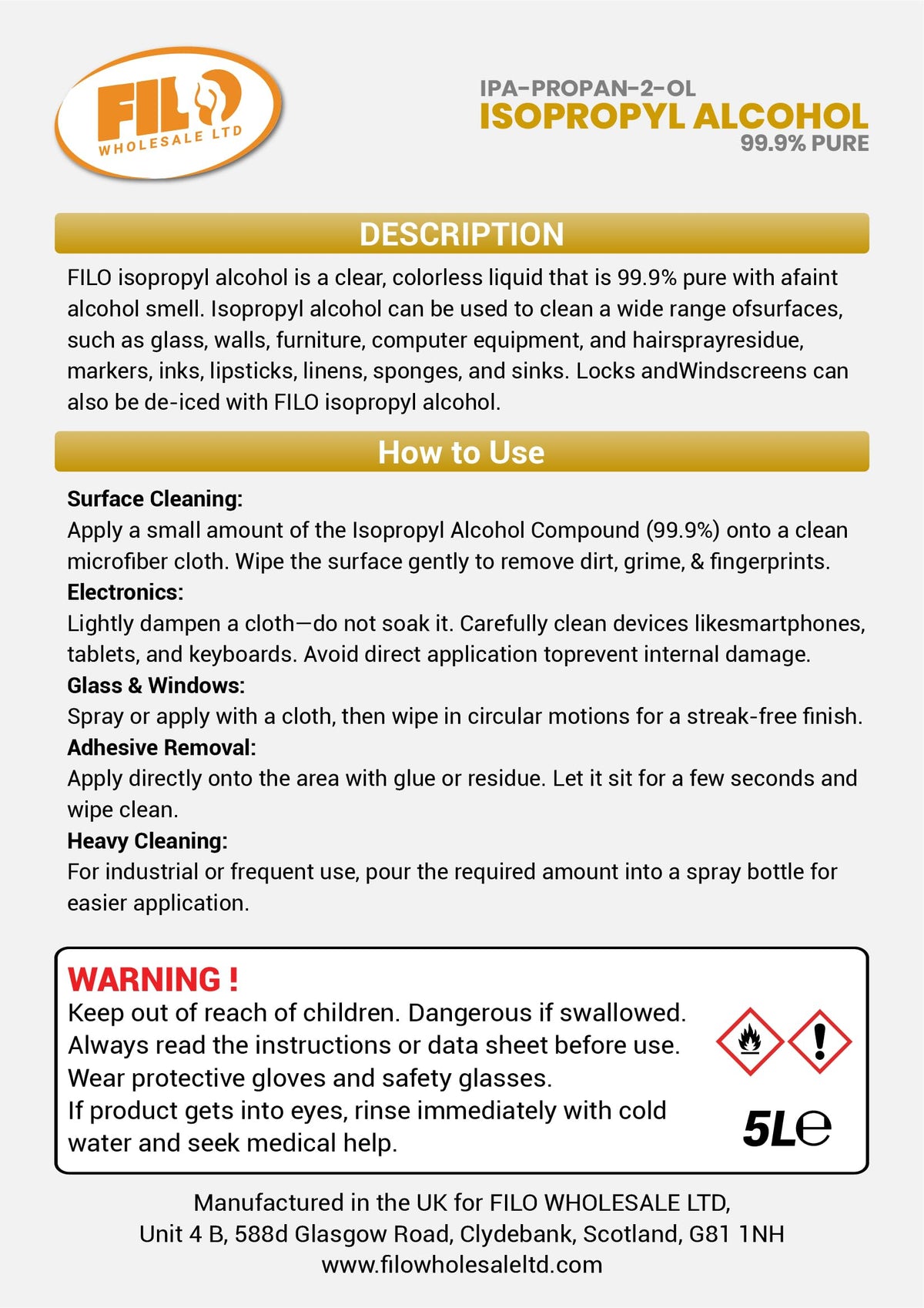 FILO Isopropyl Alcohol 99.9% Pure 1x 5L | Lab Grade IPA | Rubbing Alcohol for Cleaning and Disinfecting | Isopropanol Alcohol Solvent for Electronics, Windows, Glass, Appliances and More