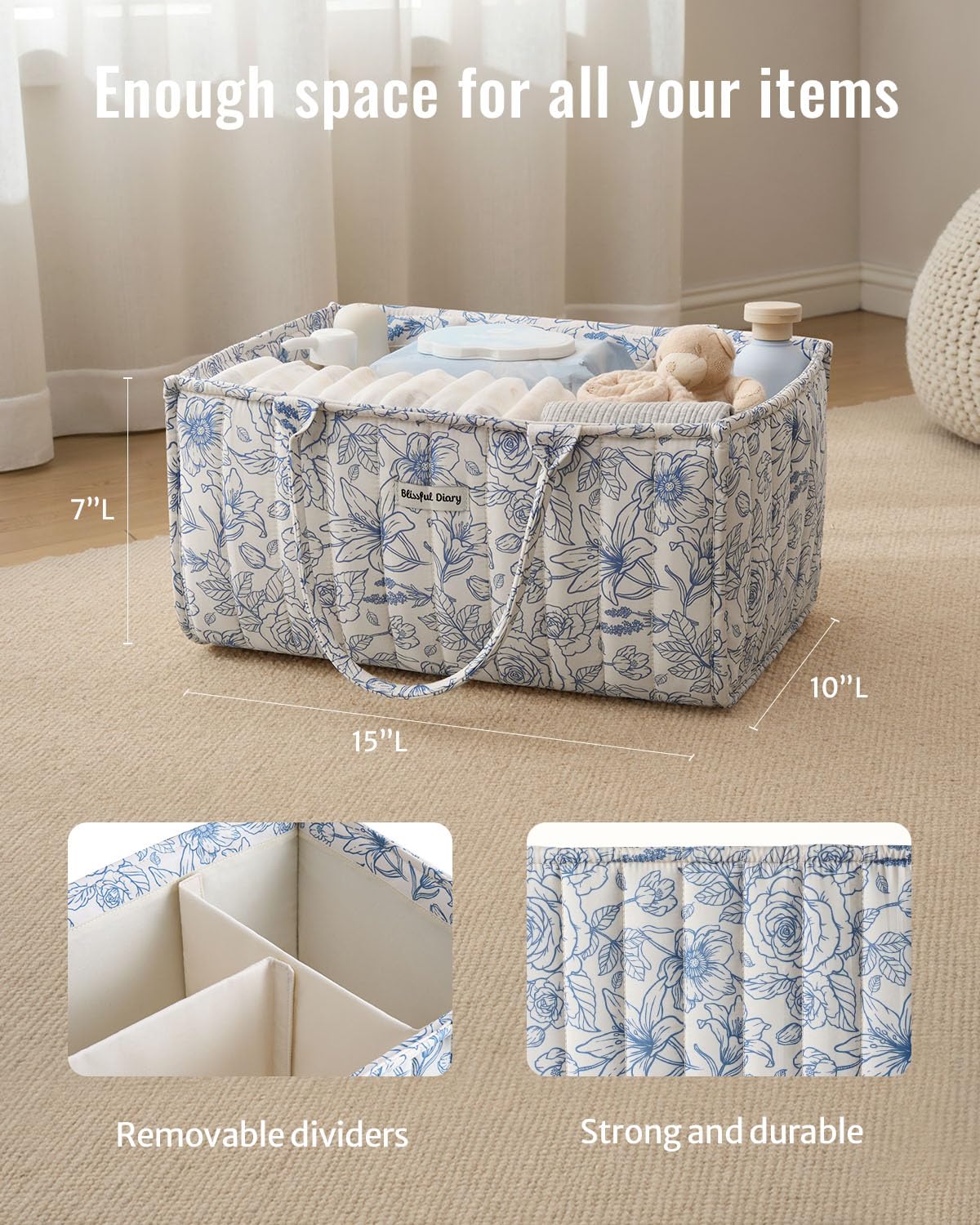 Blissful Diary Nappy Caddy Organiser, Baby Diaper Caddy for Nappy Station, Stylish Storage Basket for Newborn Essentials, Baby Shower Gifts for Girl or Boy, Woodland Cream