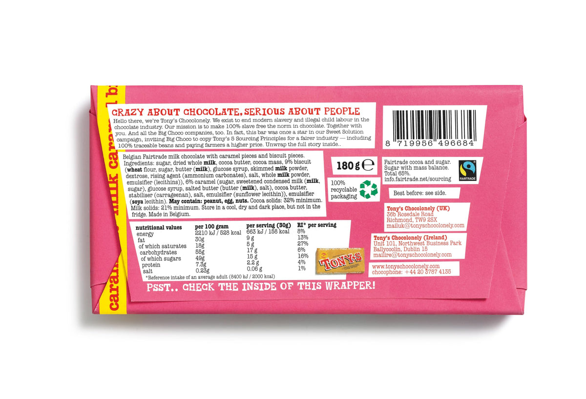 Tony's Chocolonely Milk Chocolate Bar - 180g Belgian Fairtrade Chocolate, Gift, 32% Cocoa, Vegetarian