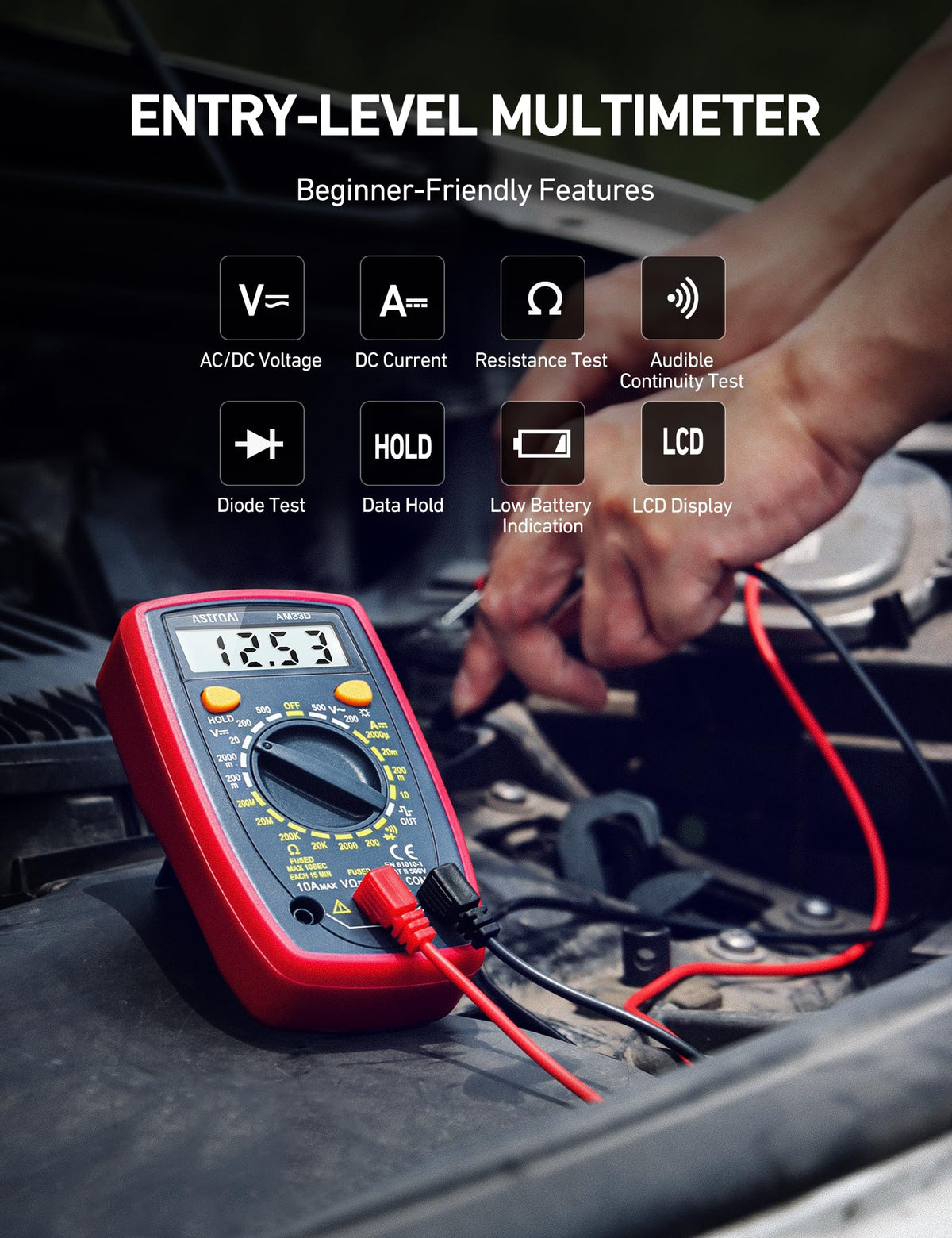 AstroAI Digital Multimeter 2000 Counts with Backlit LCD for DIY Home, Black