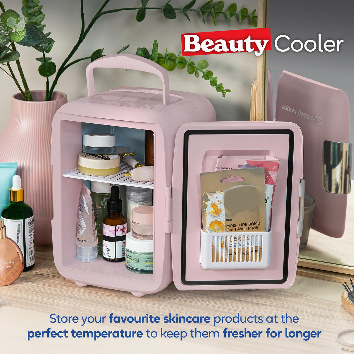 Russell Hobbs RH4CLR1001 4L/6 Can Portable Mini Cooler & Warmer for Drinks, Cosmetics/Makeup/Skincare, AC/DC Power, Retro Style, White, For Bedroom, Home, Caravan, Car
