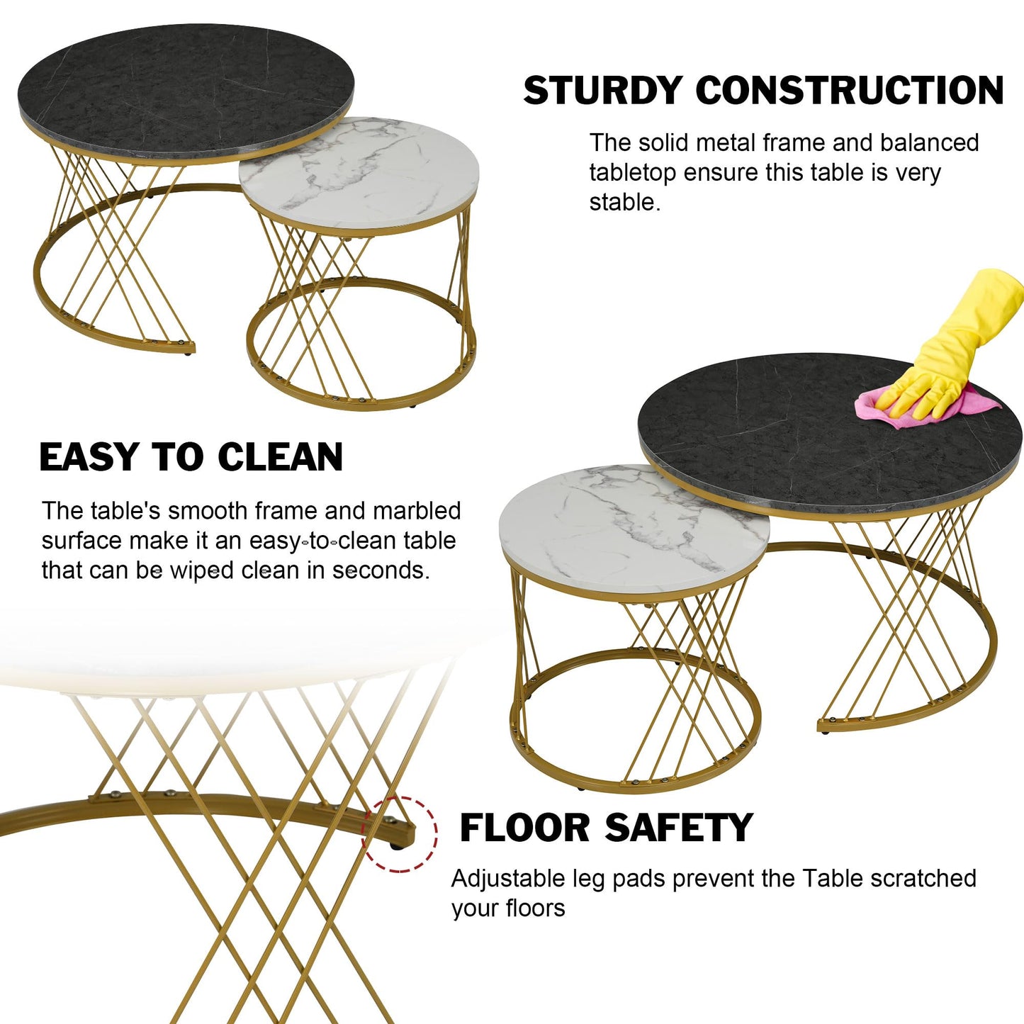 ModernLuxe 2-in-1 Coffee Table, Multi-functional Side Table with Marble Grain Veneer Top, Rattan Drawers, Solid Wood Handles, Gold Coloured Iron Legs, Round Nest of Tables for Living Room, Black