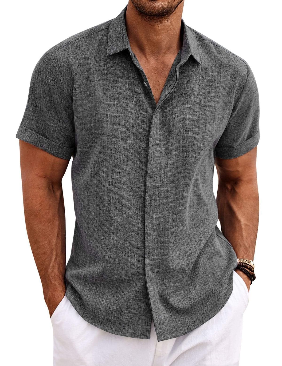 COOFANDY Mens Linen Shirts Short Sleeved Summer Regular Fit Button Down Hawaiian Holiday Tops