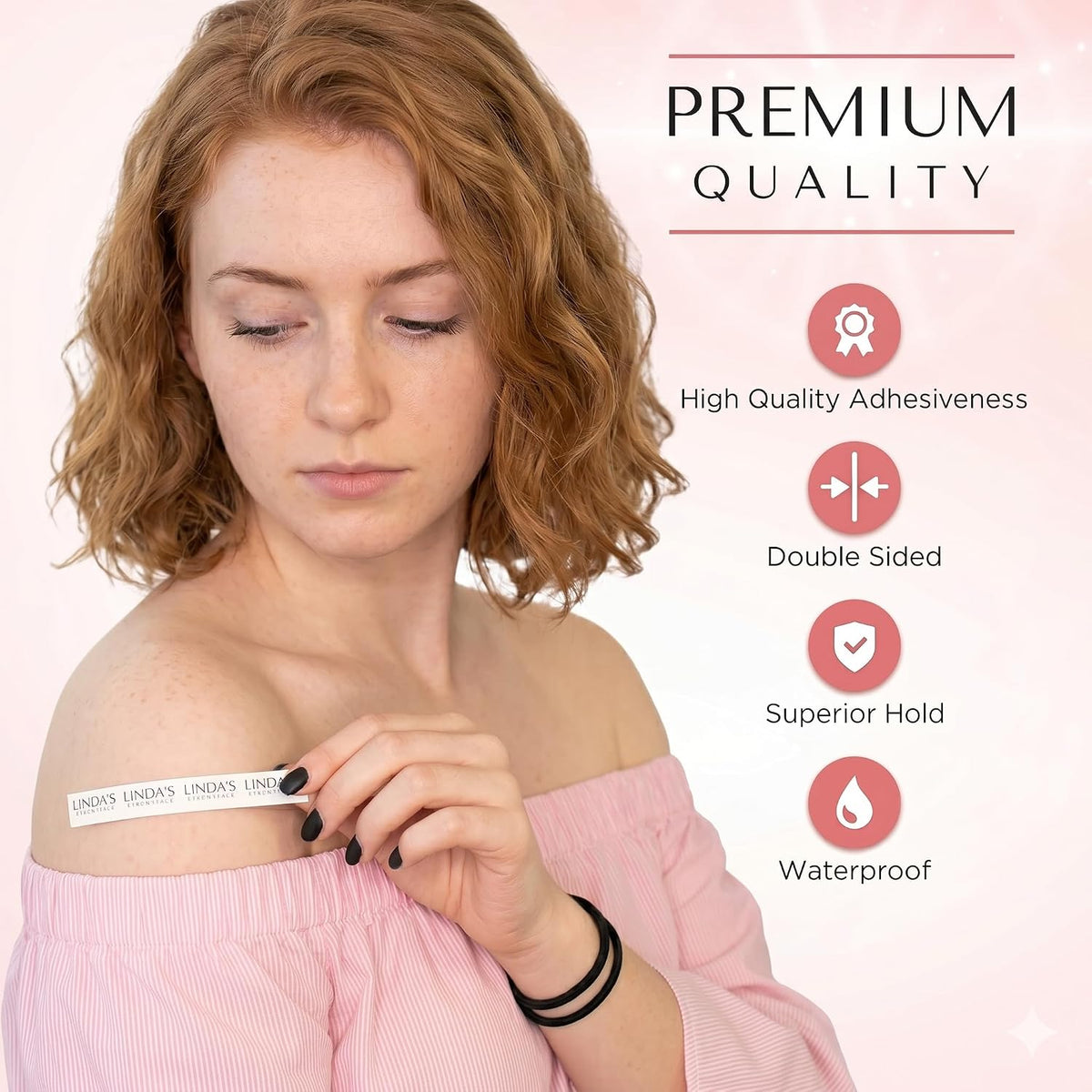 Linda's Essentials Double Sided Body and Fashion Tape (100 Strips) - Extra Adhesive Double Sided Boob Tape for Clothes & Skin, All Fabric Types, Perfect for Dresses, Body & Bra