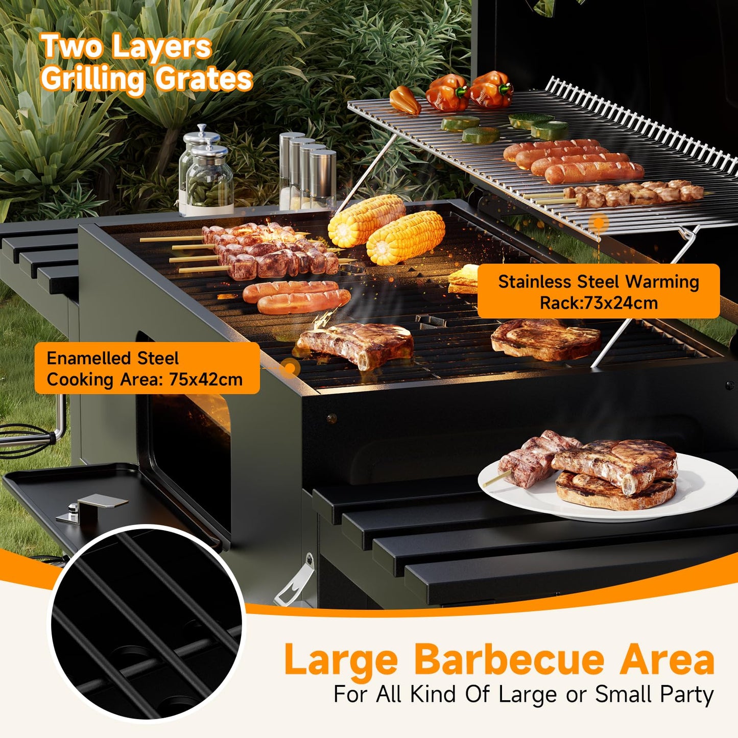 XXXL Smoker Charcoal BBQ, Portable Barbecue Grill with Wheel & 2 Folding Table, Thermometer & Adjustable Charcoal Pan, Large Outdoor BBQ Grill Smoker for Patio Home Garden Cooking