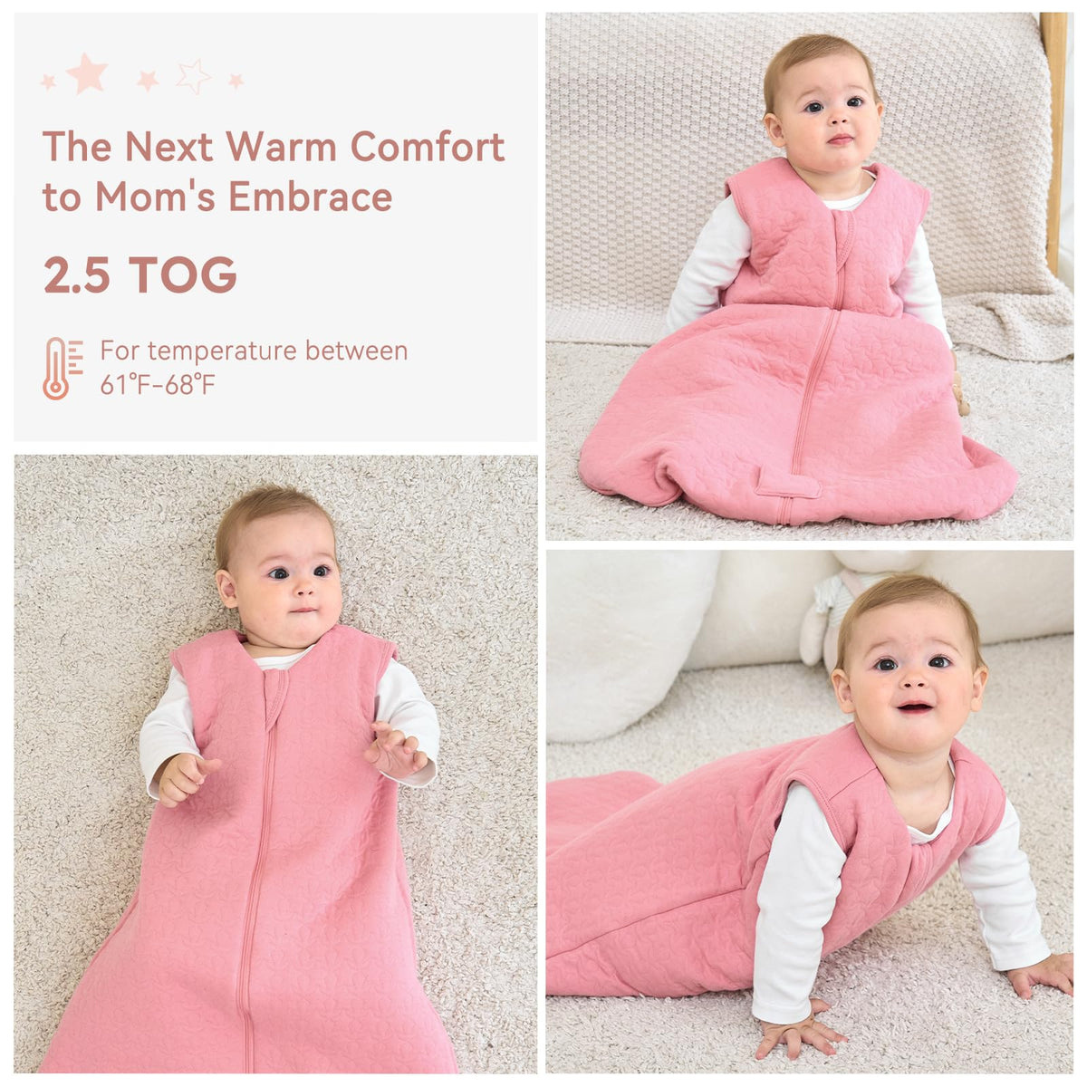 Unnivoll Baby Sleeping Bag 2.5 Tog 0-6 Months 100% Cotton Winter Sleeping Bag Baby 2-Way Zipper Quilted Sleep Sack for Newbron Infant Warm Soft Apricot